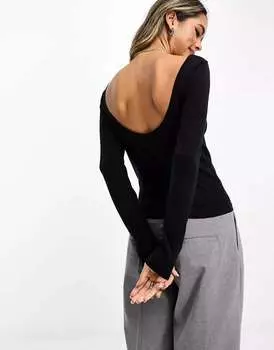 Черный топ с длинными рукавами и овальной спинкой ASOS