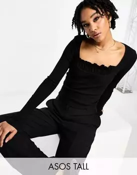 Черный топ с длинными рукавами и рюшами на груди ASOS DESIGN Tall