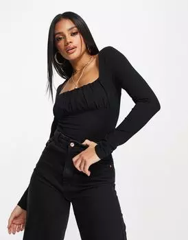 Черный топ с длинными рукавами и сборками на груди ASOS DESIGN