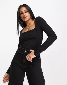 Черный топ с длинными рукавами и сборками на груди ASOS DESIGN