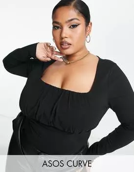 Черный топ с длинными рукавами и сборками на груди ASOS DESIGN Curve