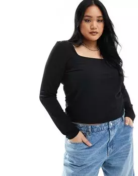 Черный топ с длинными рукавами и широким вырезом в рубчик ASOS DESIGN Curve ASOS