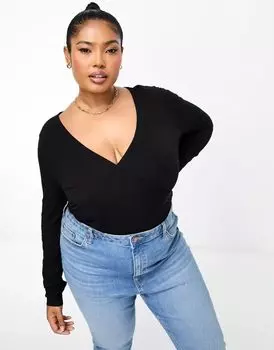Черный топ с длинными рукавами и запахом ASOS DESIGN Curve