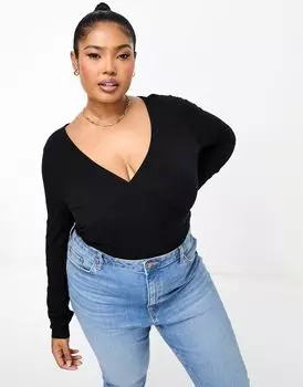 Черный топ с длинными рукавами и запахом ASOS DESIGN Curve