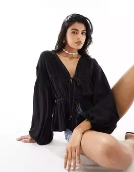 Черный топ с длинными рукавами и завязками ASOS