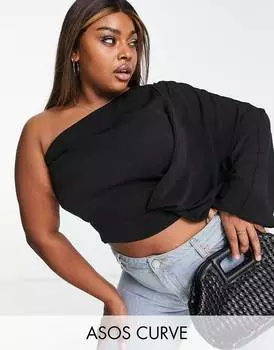 Черный топ с драпировкой на одно плечо и крыльями летучей мыши ASOS DESIGN Curve