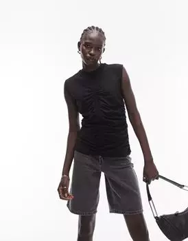 Черный топ с короткими рукавами и сборками спереди Topshop