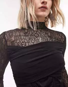 Черный топ с кружевным корсетом и длинными рукавами Topshop