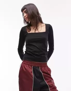 Черный топ с квадратным вырезом и длинными рукавами Topshop