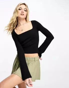 Черный топ с квадратным вырезом и длинными рукавами в рубчик COLLUSION