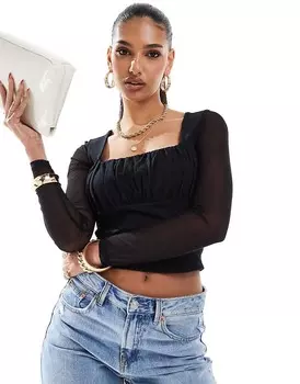Черный топ с квадратным вырезом и сетчатыми рукавами ASOS DESIGN