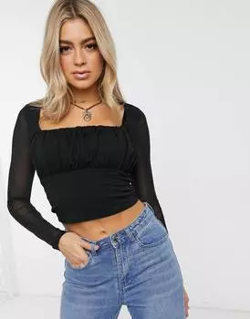 Черный топ с квадратным вырезом и сетчатыми рукавами ASOS DESIGN