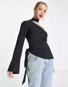 Черный топ с одним рукавом, воротником-чокером и завязками по бокам ASOS DESIGN