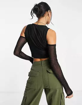 Черный топ с открытыми плечами ASOS DESIGN с заклепками из розовых кристаллов