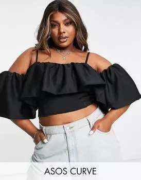 Черный топ с открытыми плечами и объемными рукавами ASOS DESIGN Curve