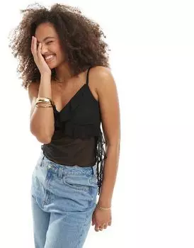Черный топ с сетчатой отделкой и рюшами на тонких бретелях New Look