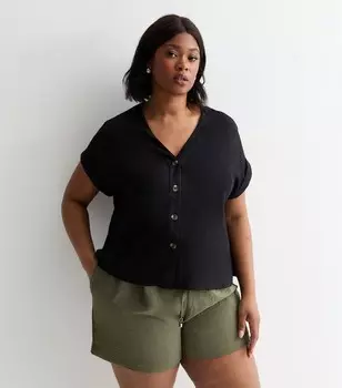 Черный топ с V-образным вырезом и пуговицами Curves New Look, черный