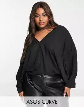 Черный топ с v-образным вырезом и разрезными манжетами ASOS DESIGN Curve