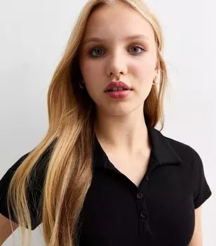 Черный топ с V-образным вырезом в рубчик для девочек New Look, черный