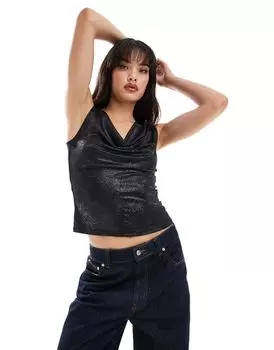 Черный топ с воротником-хомутом и эффектом металлик Pimkie