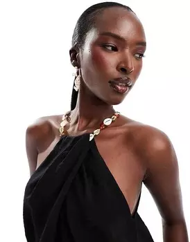 Черный топ с воротником-стойкой и отделкой из искусственной ракушки River Island