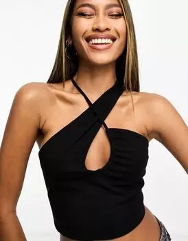 Черный топ с вырезом через шею и запахом ASOS