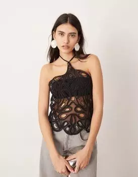 Черный топ с вырезом через шею и вышивкой ASOS