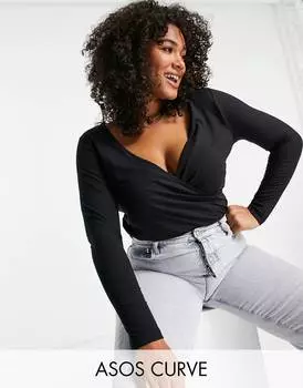 Черный топ с запахом и длинными рукавами ASOS DESIGN Curve
