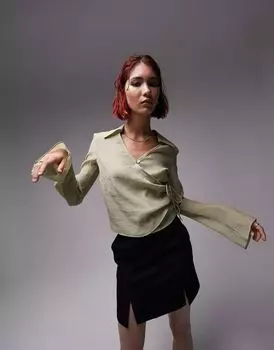 Черный топ с запахом и пуговицами Topshop