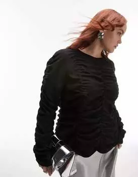 Черный топ со сборками и длинными рукавами Topshop Curve