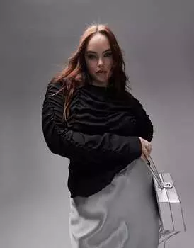 Черный топ со сборками и длинными рукавами Topshop Curve
