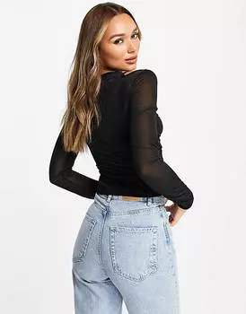Черный топ со сборками и длинными рукавами Topshop