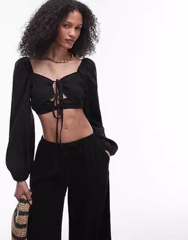 Черный топ со сборками и объемными рукавами Topshop