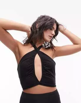 Черный топ со сборками и воротником-бретелькой Topshop