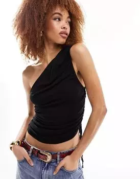 Черный топ со сборками по бокам льва и бретельками на одно плечо Lioness