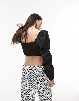 Черный топ со шнуровкой и длинными рукавами Topshop