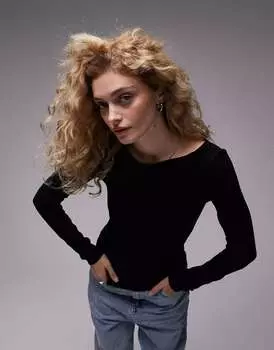 Черный топ Topshop премиум-класса с длинными рукавами и сборками в рубчик