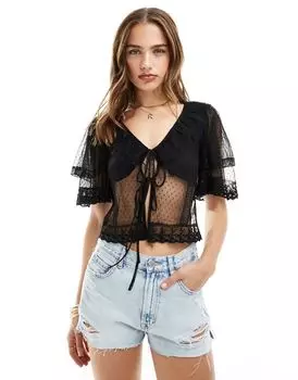Черный топ-туника из прозрачной сетчатой ткани с завязками спереди Miss Selfridge