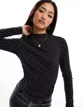 Черный топ в горошек с рюшами Stradivarius