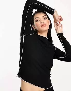 Черный топ в рубчик с длинными рукавами и контрастным швом Vero Moda