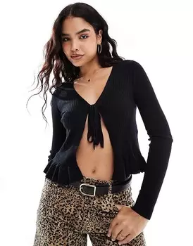 Черный топ в рубчик с длинными рукавами и завязкой спереди Vero Moda