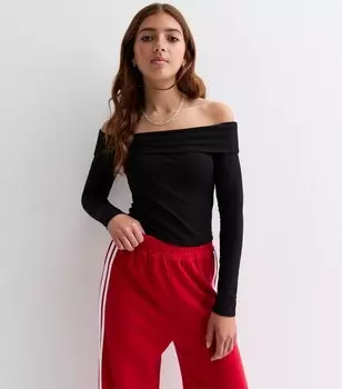 Черный топ в рубчик с длинными рукавами и бардо для девочек New Look, черный