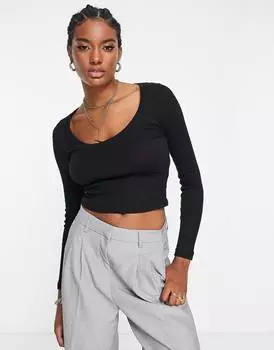 Топ в рубчик с длинными рукавами и круглым вырезом ASOS DESIGN, черный
