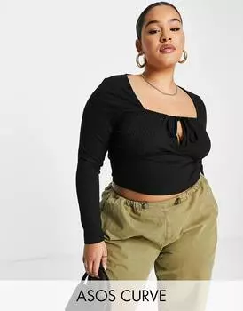 Черный топ в рубчик с квадратным вырезом и завязками ASOS DESIGN Curve
