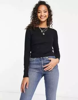 Черный топ в рубчик с открытой спиной и длинными рукавами New Look