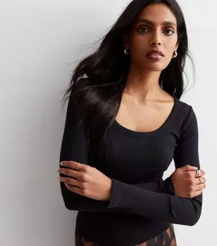 Черный топ в рубчик с овальным вырезом New Look, черный