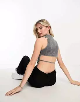 Черный топ в рубчик с воротником-борцовкой Pull&Bear