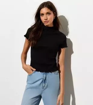 Черный топ в рубчик с воротником-стойкой и короткими рукавами New Look, черный