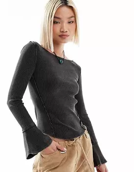 Черный топ в рубчик с вырезом-лодочкой и длинными рукавами Free People