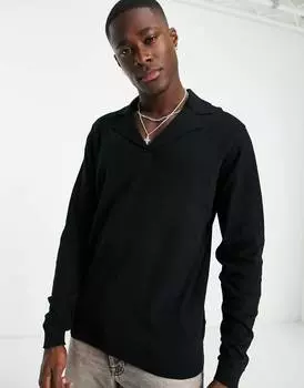 Черный трикотажный джемпер поло из хлопка ASOS DESIGN